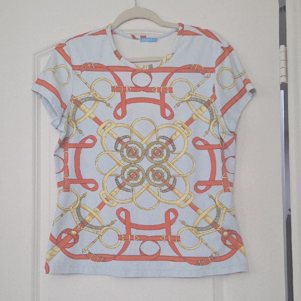 J. McLaughlin Shirt In Beautiful Pale Blue With Equestrian Design.